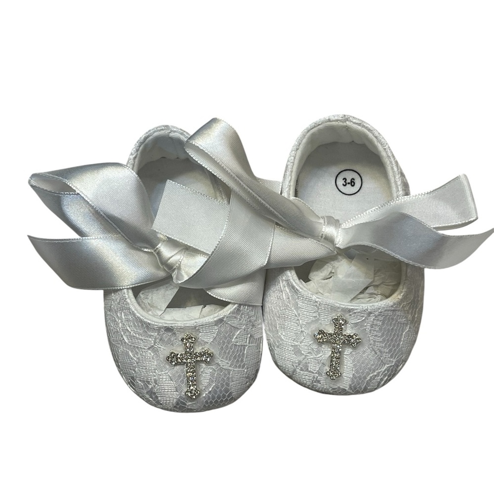 White Satin Shoes with Bow and Cross Detail